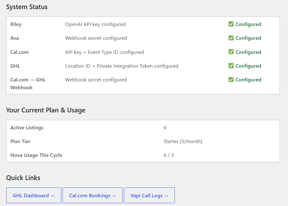 screenshot of Dillenium custom built realtor plugin command center